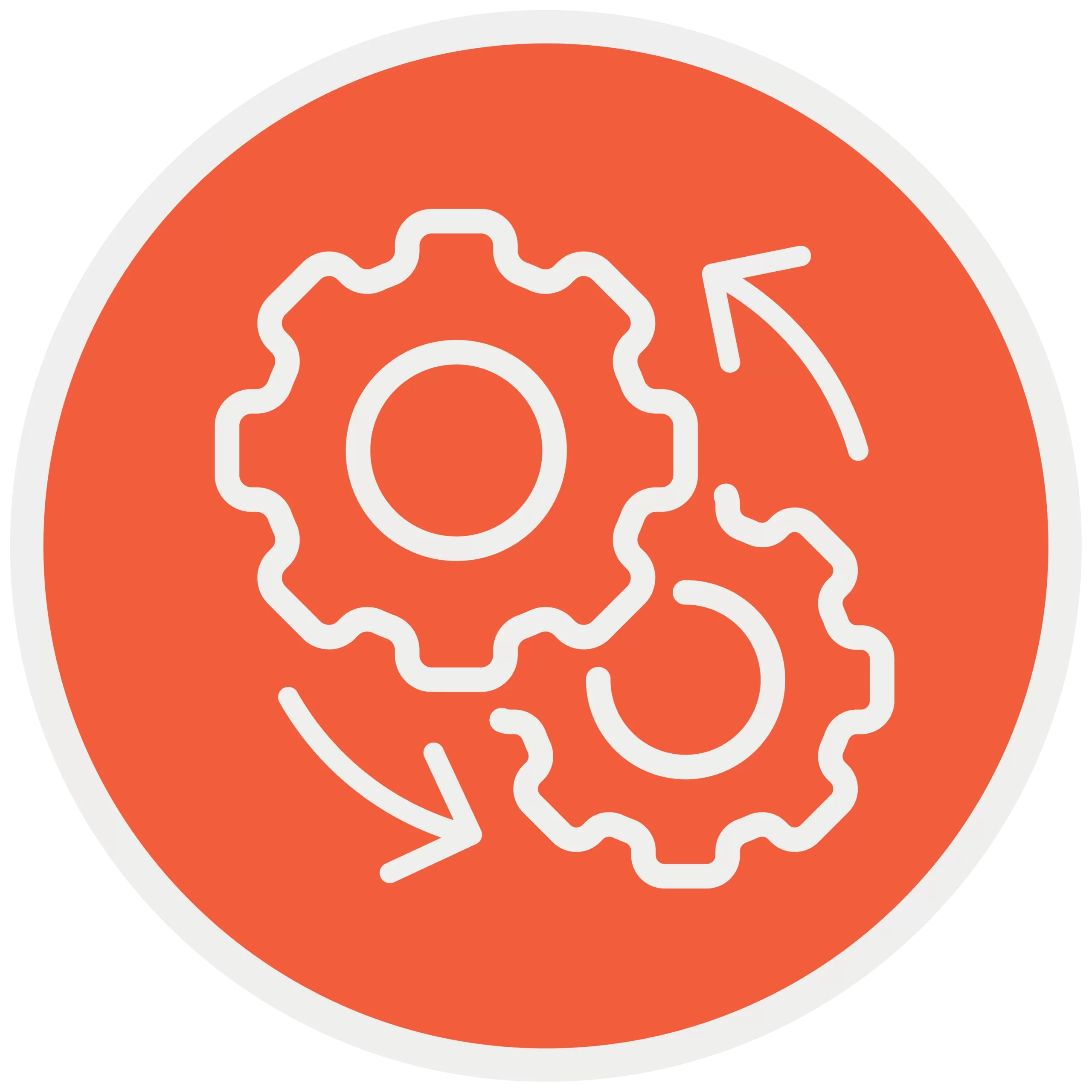 An orange circular icon with two interlocking white gear symbols and two white arrows indicating rotation.