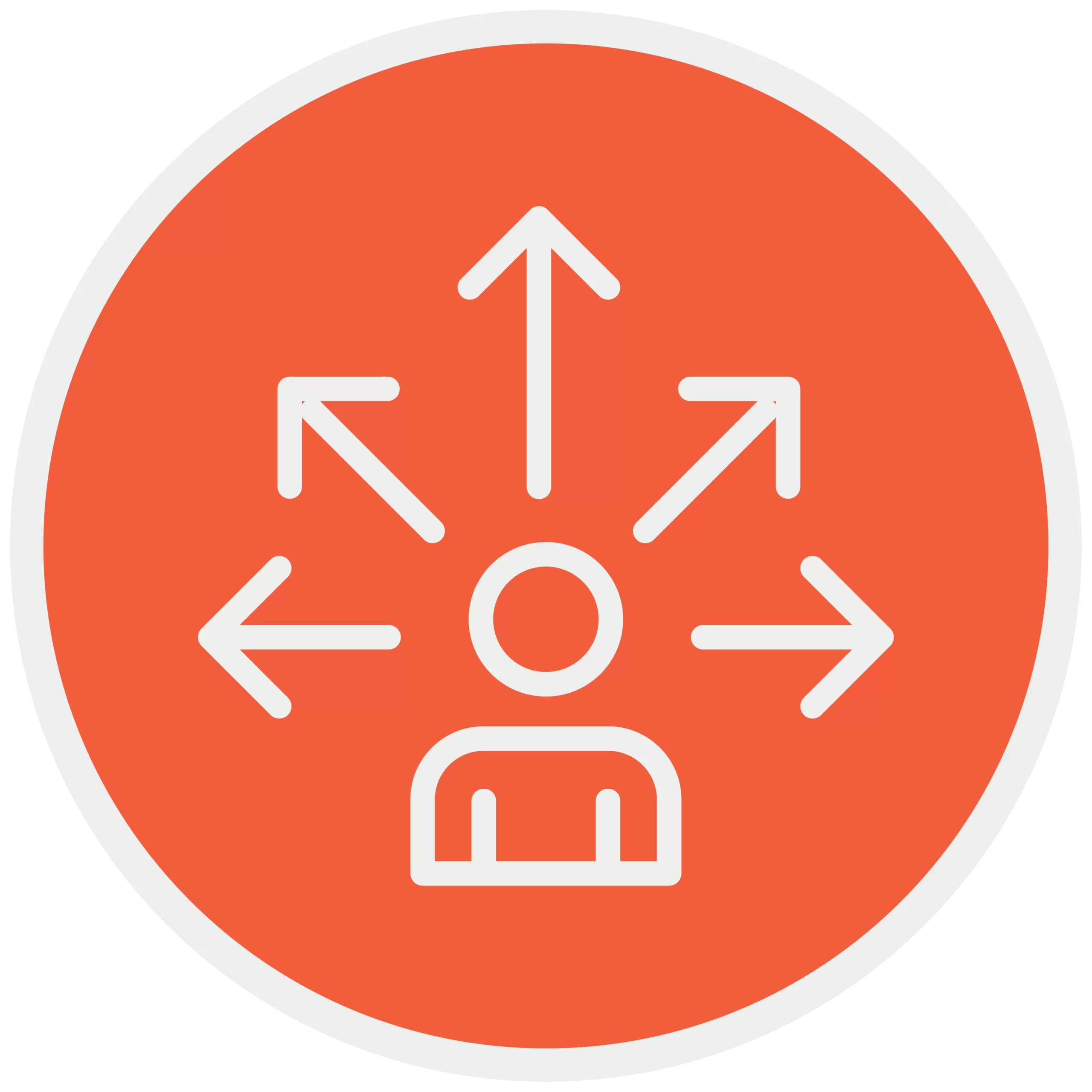 An icon of a person with multiple arrows pointing in different directions on an orange circular background.
