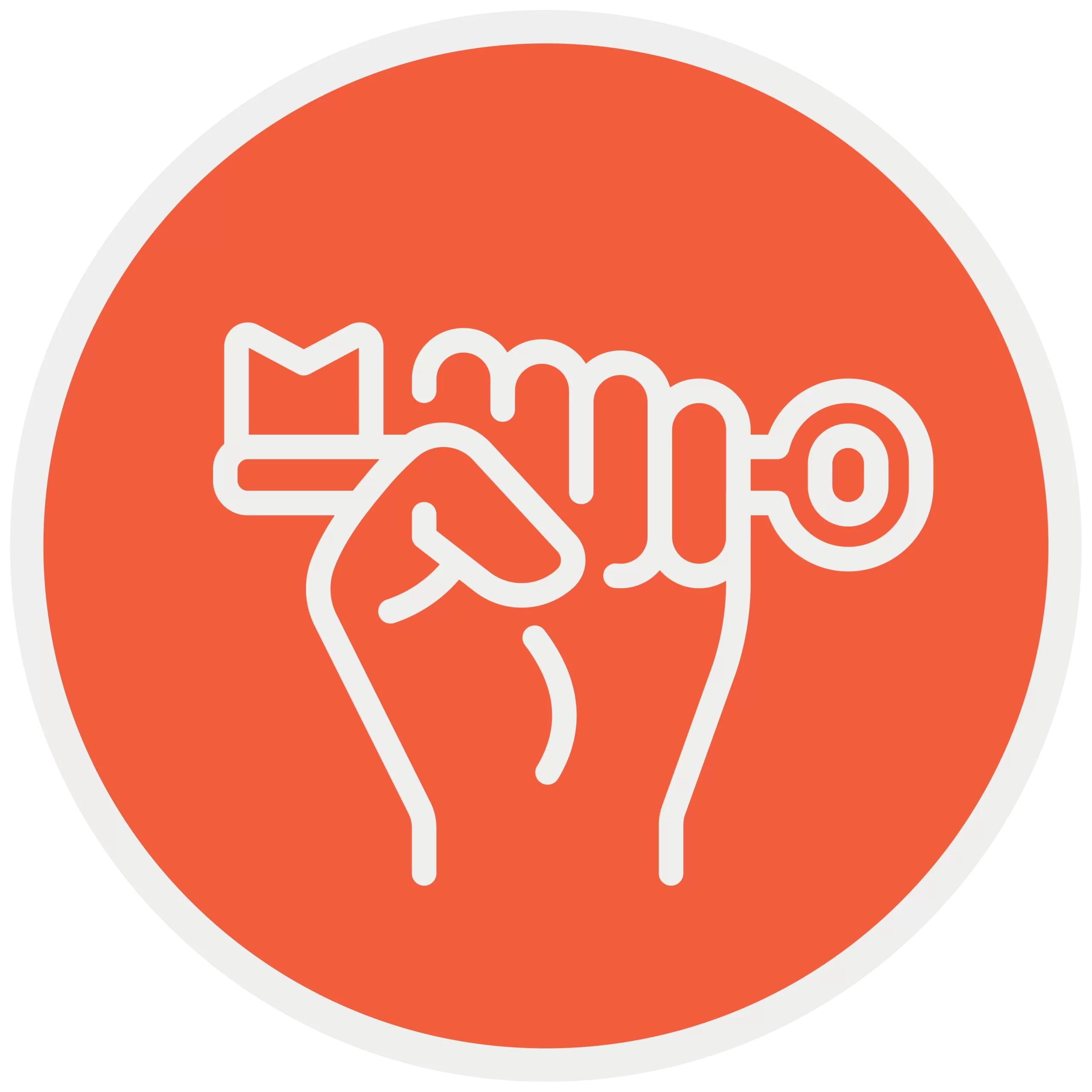 Orange circle with a white line drawing of a raised fist holding a key.