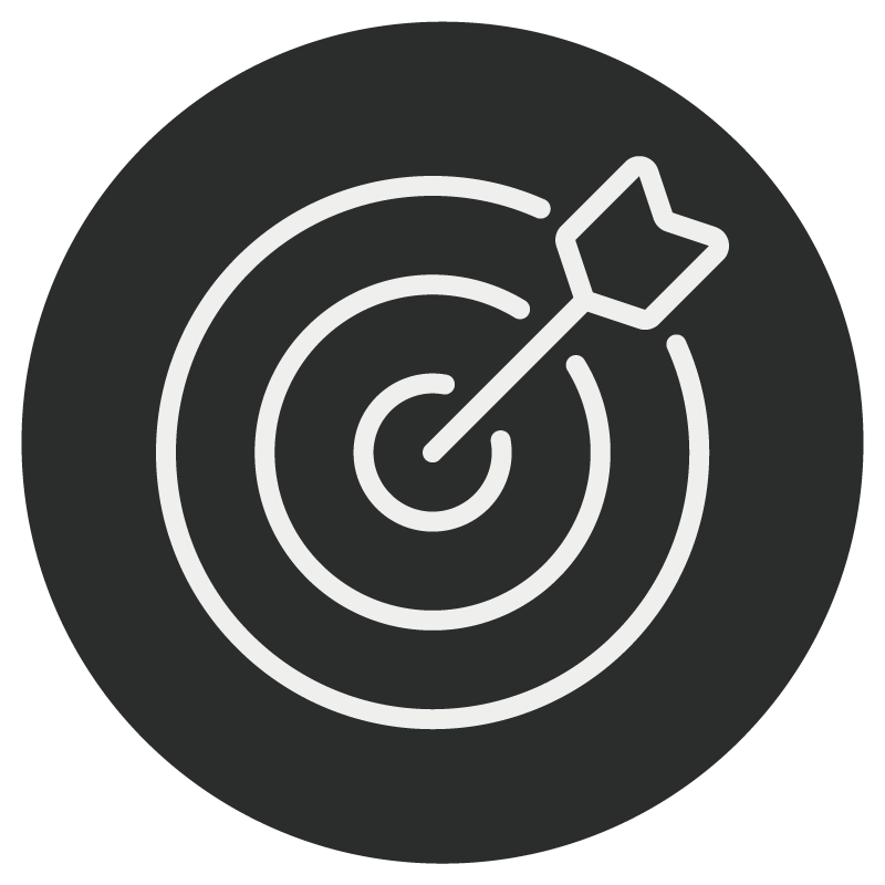 A white target icon with an arrow hitting the bullseye, displayed on a dark circular background.