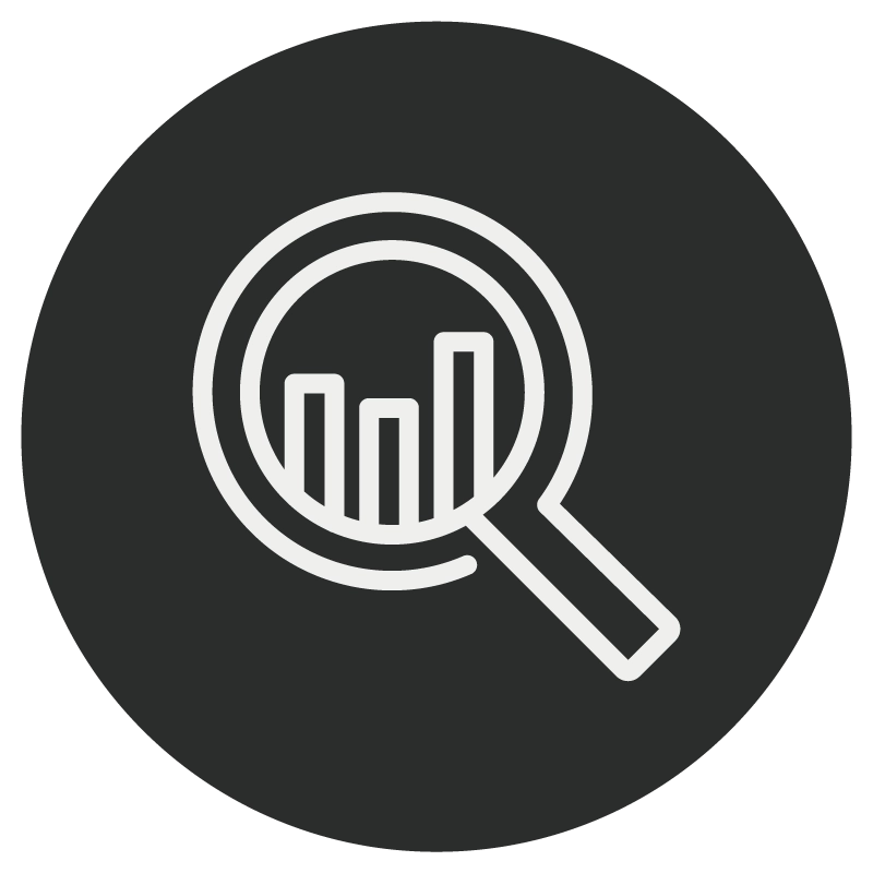 A black circle icon featuring a white magnifying glass over a bar chart.
