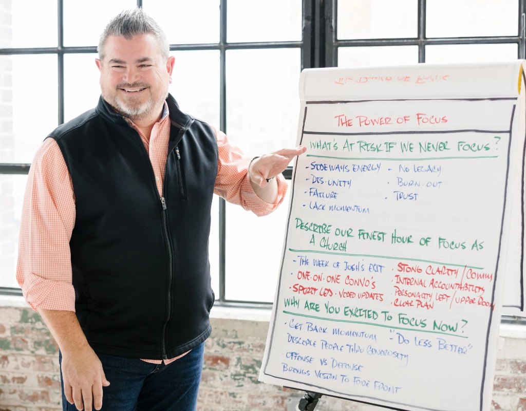 Kent Vincent stands next to a flip chart with handwritten notes, wearing an orange shirt and black vest, smiling against a background of large windows.
