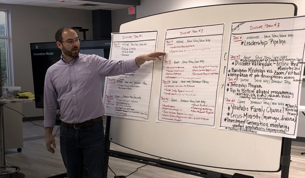 A church consultant in a button-up shirt and jeans is standing and pointing at a whiteboard displaying papers with handwritten notes and charts.
